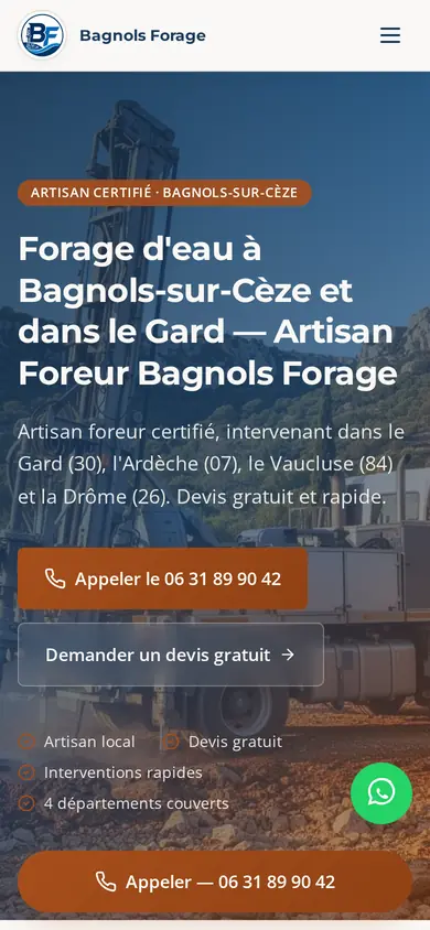 Version smartphone du site Bagnols Forage