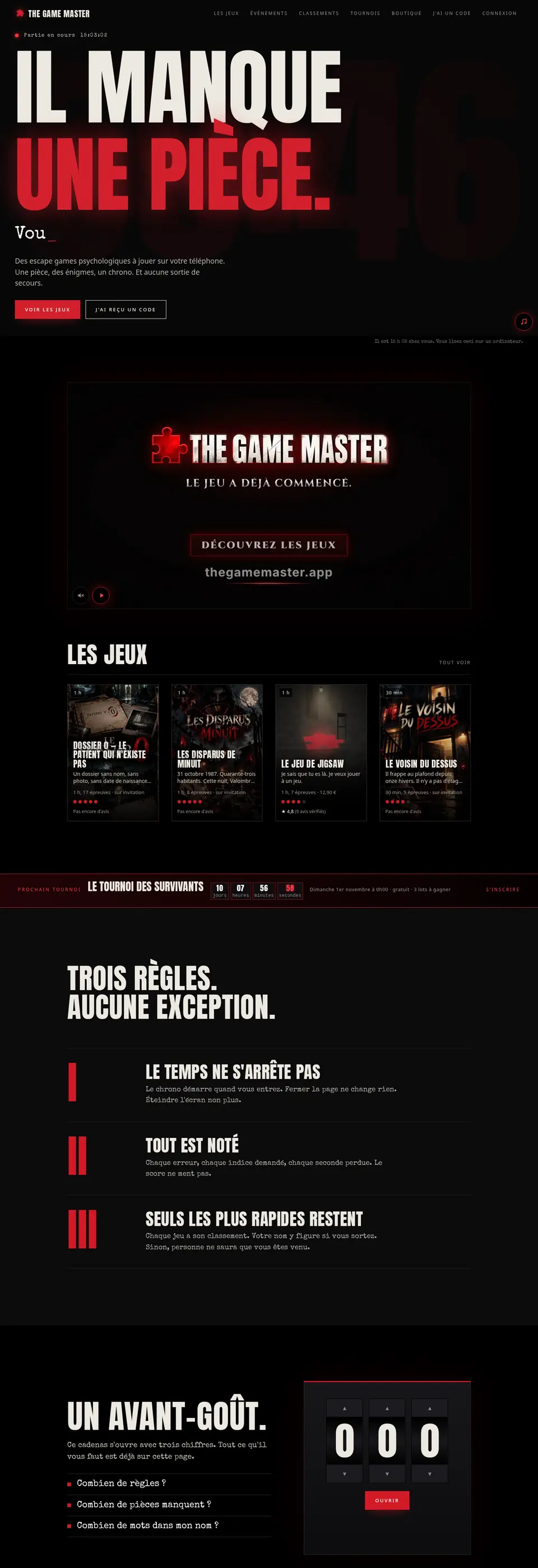 Aperçu de la page d'accueil du site The Game Master réalisé par Scalevents